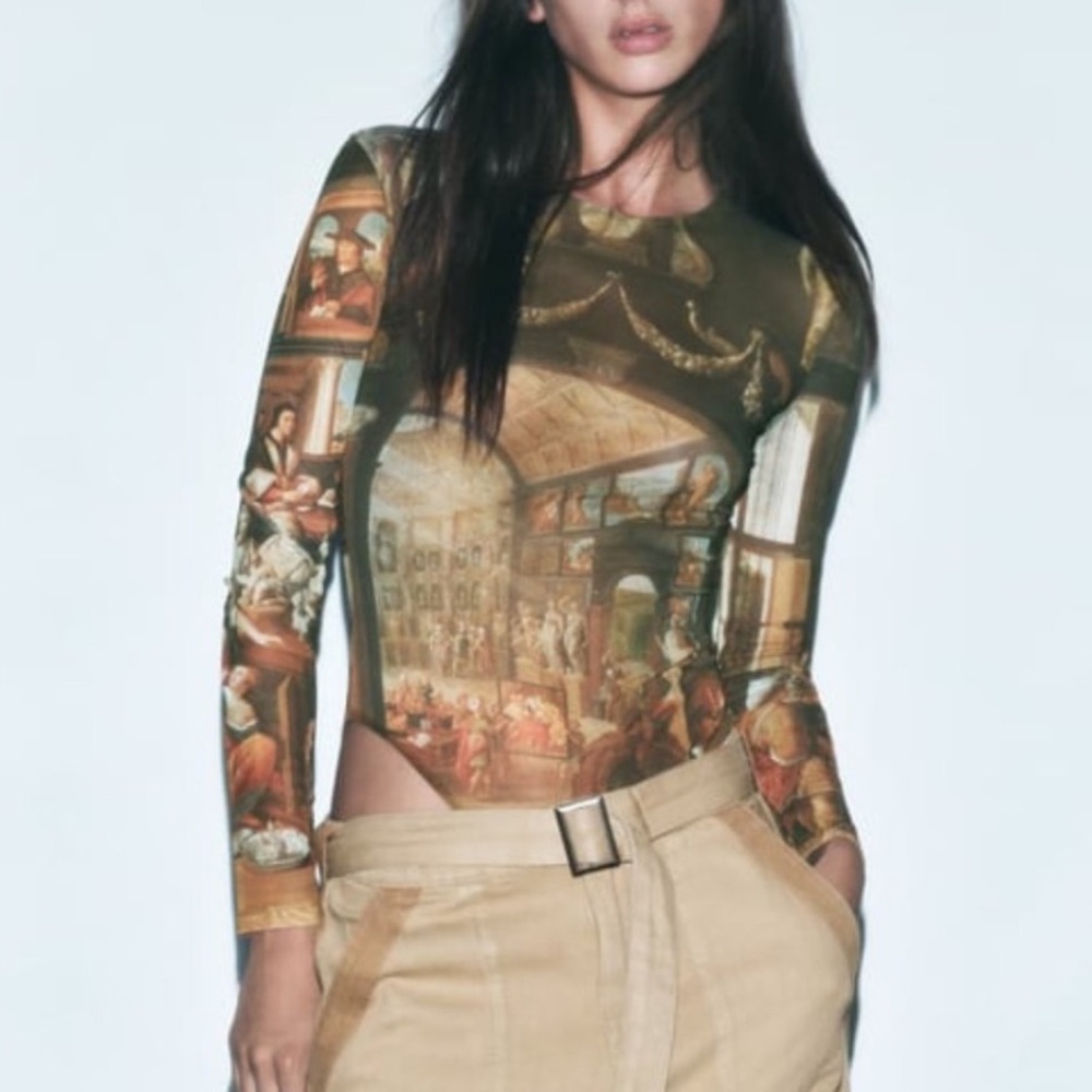 NEW Zara Florence Art Printed Tulle Longsleeve Bodysuit S